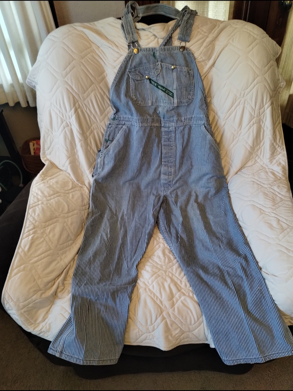 Vintage Key Imperial Blue Denim Bib Overalls Railroad Stripe 46x32